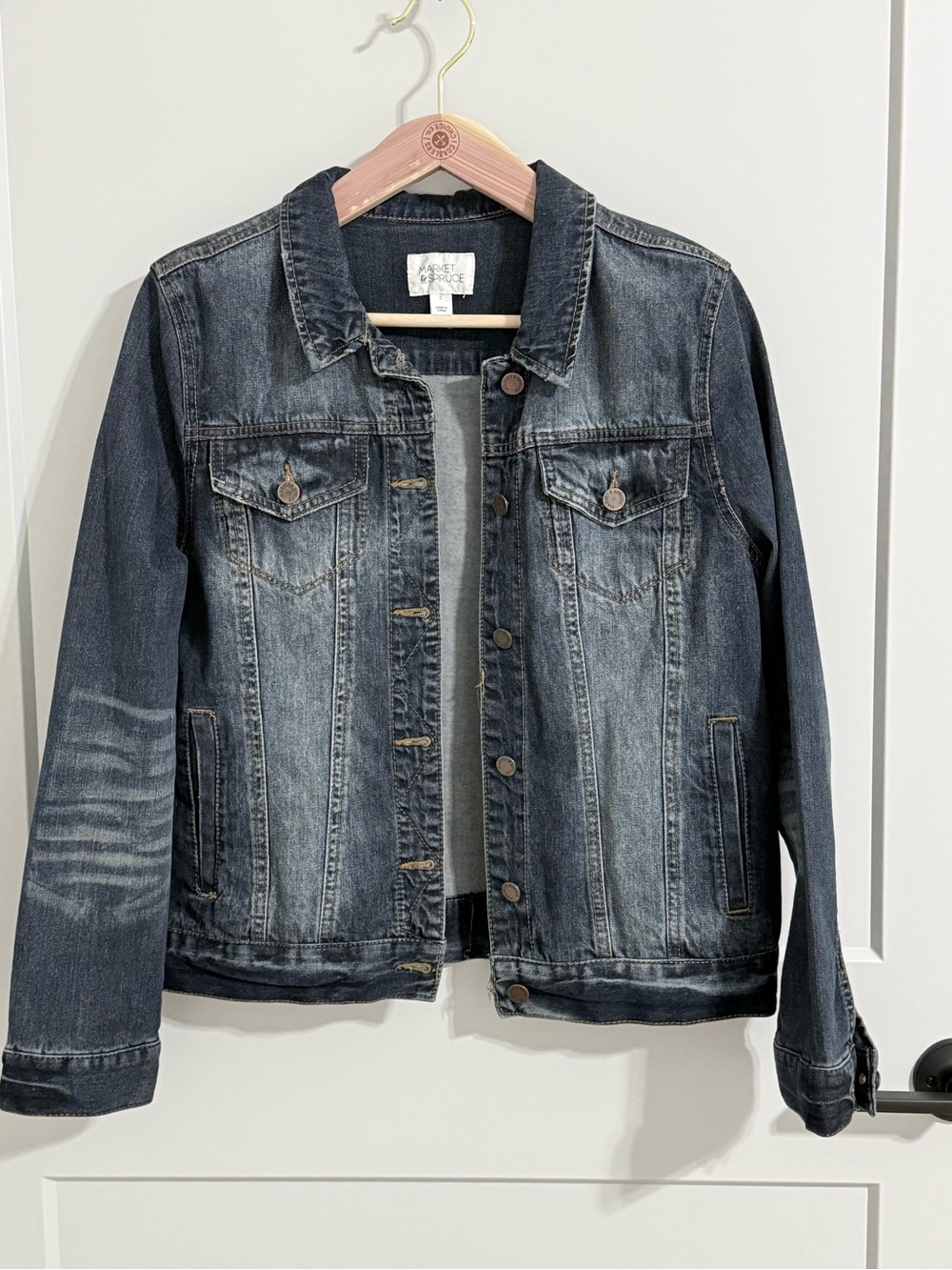 Market & Spruce Distressed Denim Jacket Size L Stretch Back Panel
